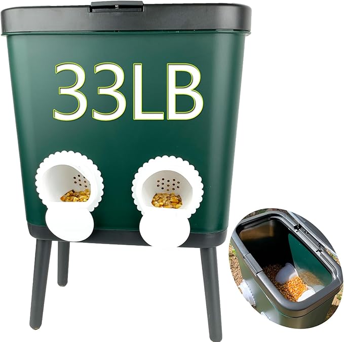 33 LB Automatic Chicken Feeder No Waste with 4 Pcs Port Large Capacity Free-Standing Poultry Food Feeder Outside and Indoor DIY Gravity Poultry Feeding Dispenser for Chicken Geese Quails and Turkeys