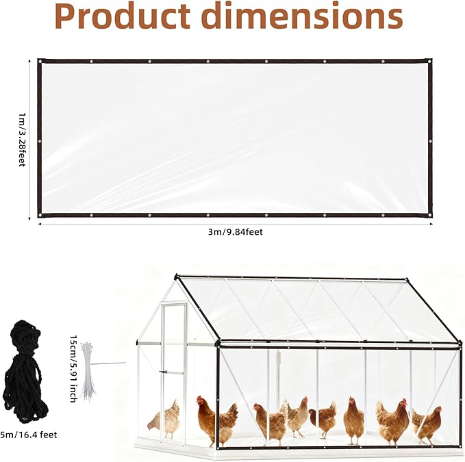 2pcs Chicken Coop Cover Tarpaulin, 3x1m/9.84x3.28 Feet Waterproof Clear Tarp for Chicken Coop with 30 Cable Ties Heavy Duty PVC Plastic Pheasantry Runway Cover Wrap for Outdoor Farm Shed