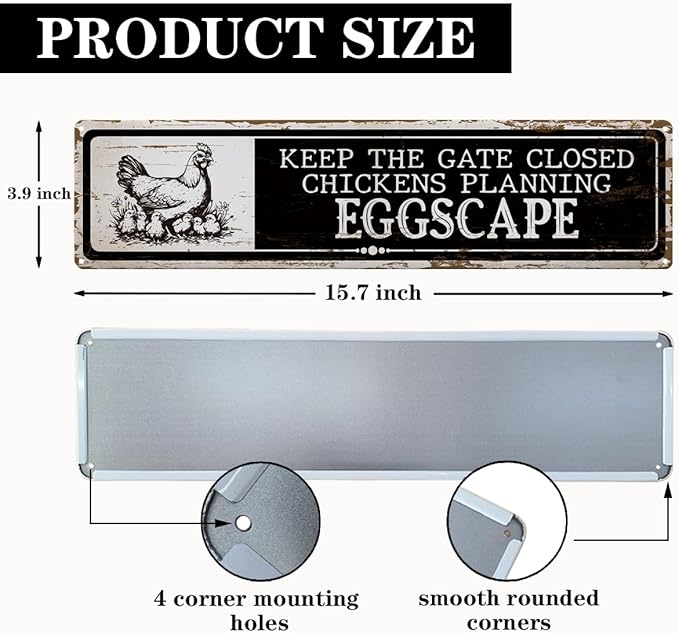 Hen House Decor, Keep the Gate Closed Chicken Sign, 15.8x4 inches, Funny Metal Tin Signs for Farm, Cute Hens Fence Sign, Fresh Egg Decor, Aluminum Metal Tin Signs, Chicken Lover Gift