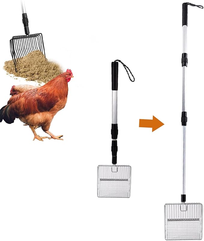 MOTUZP Chicken Poop Scooper Chicken Coop Rake Large Metal Chicken Coop Cleaning Tools 3-in-1 Stretchable Chicken Poop Scooper (22 to 42 in) for Chicken Coop Cleaning Supplies (Silver)