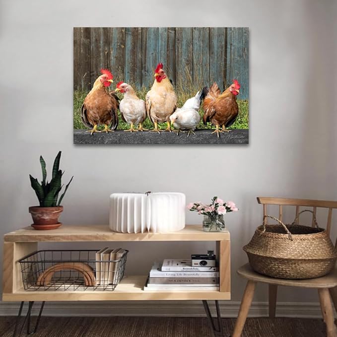 Woxfcart Kitchen Chicken Decor Wall Art, Farmhouse Rustic Barn Animal Canvas Pictures with Wood Background for Bathroom Bedroom, 36 x 24 Inch