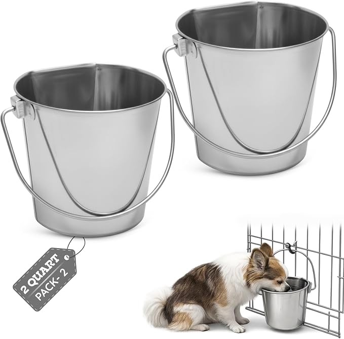 Flat Sided Stainless Steel Bucket 2 Quart Hanging Feeding Pail for Small Dogs Cats Birds, Fits Kennel Cages Compatible, Heavy Duty Food and Water Feeder, 0.5 Gallon Silver Buckets 2 Packs