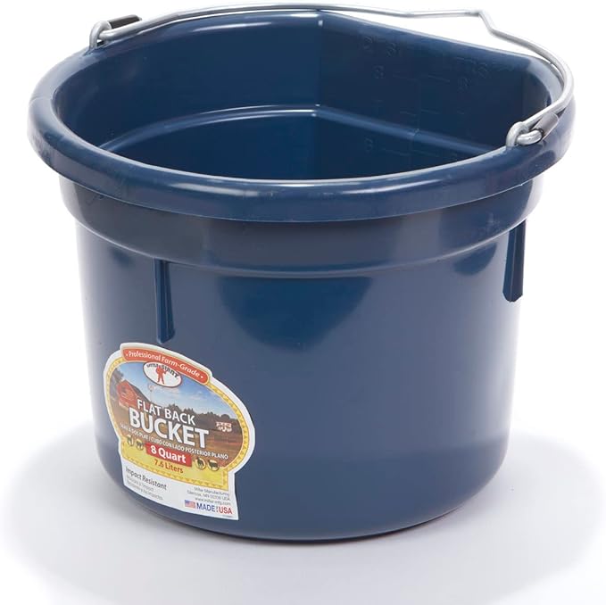 Little Giant® Flat Back Plastic Animal Feed Bucket | Animal Feed Bucket with Metal Handle | Horse Stall Feeding and Watering Supplies (Navy, 8 Quart)