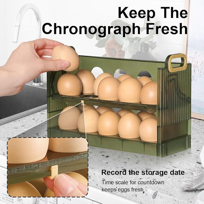 Two-layer Flip-up Egg Storage Container Holder for Refrigerator. 20-Egg Organizer Box with New Space-Saving Design. BPA-free.