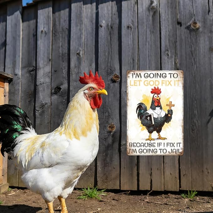 WADORN Funny Chicken Vintage Metal Tin Sign, 8x12 Inch I'm Going To Let God Fix It Retro Tin Sign Christian God Wall Art Decor Plaque Gift for Home Farm Chicken Coop Farmhouse Kitchen Garden Church