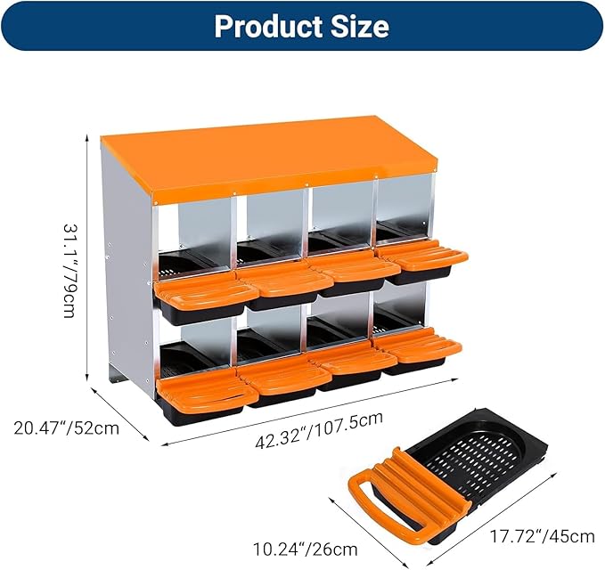 Chicken Nesting Box, 8 Hole 2 Layer Hen Nest Boxes, Roll-Away Egg Collection System with Ventilation Holes，Rustproof Plastic Tray & Keyhole Mounting, Chicken Laying Box