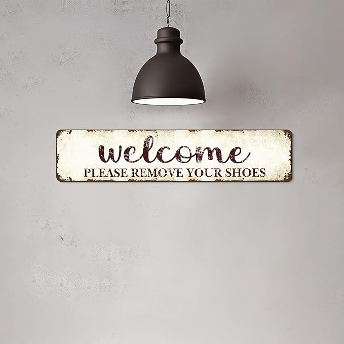 Welcome Please Remove Shoes Vintage Metal Sign - 16x4 Inch Rustic Entryway Decor for Home and Spa Studios, Humorous House Rules Plaque with Pre-Drilled Holes, Unique Wall Art Gift for Japanese Restaurants and Tidy Homeowners