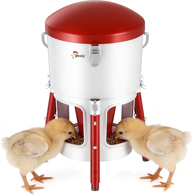 Chick Feeder with Adjustable Height,No Spill,Metal Poultry Feeder for Chicks 0-8 Weeks,30oz/2L Capacity,Tripod Stable Ground Feeder,3 Anti-Bully Ports,Easy Clean,Tool-Free Assembly