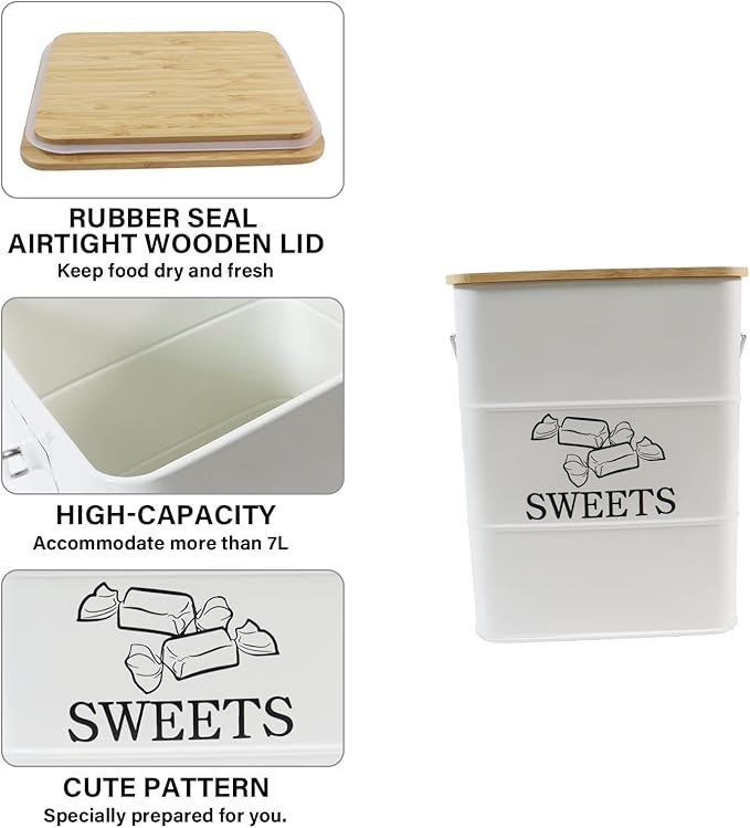 Candy Jar for Kitchen Counter, White Metal Candy Can Candy Tin with Airtight Bamboo Lid & Portable Handles, Candy Buffet, Party Table - Food Storage Canisters for Candies, Cookies, Sugar Cubes,