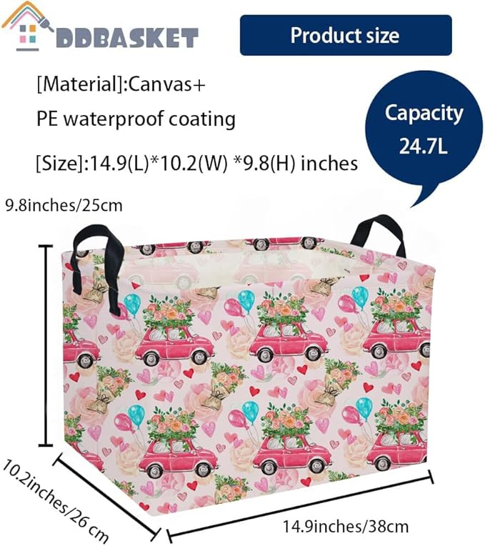 Rectangular Valentine's Day Baskets,Heart Basket,Pink Girls Basket Kids Storage Bin Love Room Decor for Home.(Flower car)