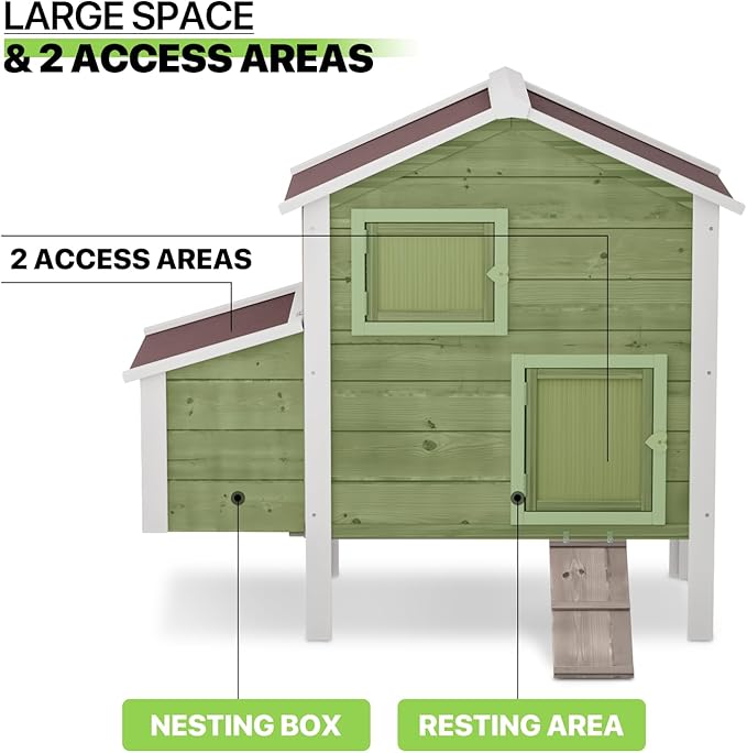 Magshion 46" Large Chicken Coop Rabbit Hutch with 2 Nesting Box, Wooden Raised Hen House with Removable Trays, Outdoor Poultry Cage Pet House with Ramp Run Hen Cage for Garden Backyard