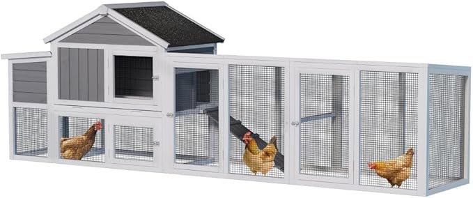 Large Wooden Chicken Coop for Outdoor Use with Run, Waterproof Roof, Anti-UV Protection, Removable Tray, and Nesting Box for 2-4 Hens (Gray + Wood)