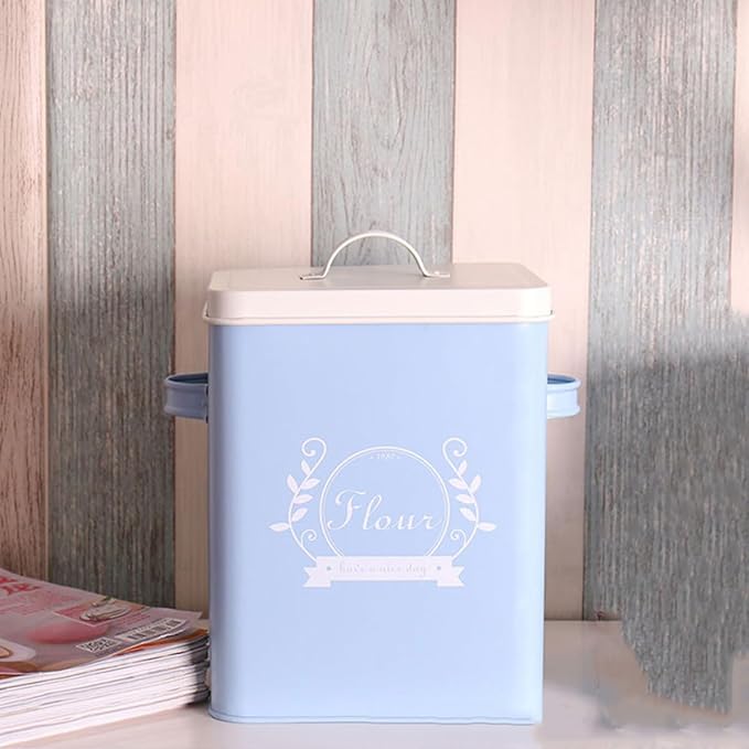 Iron Rice Storage Box Blue Grain Container Kitchen Food Storage Organizer Sturdy Galvanized Metal Bread Bin for Household Pantry