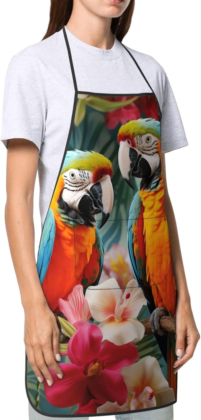 Kitchen Aprons for Men Women Waterproof Apron with 2 Pockets Tropical plants and parrots Apron Adjustable Bib Aprons