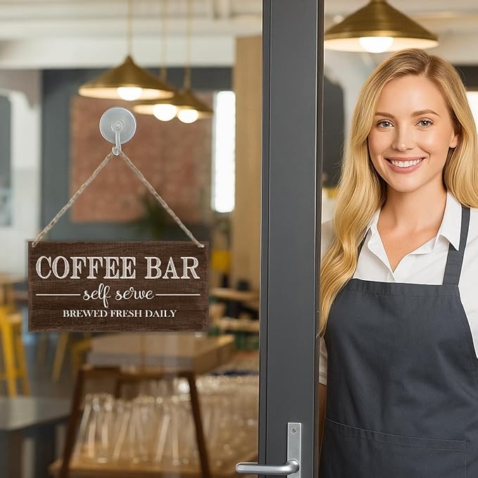 Coffee Bar Self Serve Brewed Fresh Daily Hanging Decor Sign, Funny Coffee Bar Decorative Sign, Vintage Kitchen Decor, Retro Wood Grain Hanging Decors 12 x 6 Inches