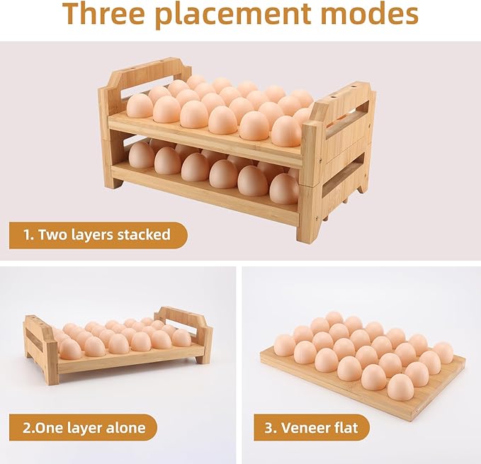 48 Egg Holder Countertop 2-Tier Stackable Bamboo Egg Tray with Anti-Slip Pads/Ventilation Design, Fresh Eggs Storage Organizer for Chicken/Duck/Turkey Eggs