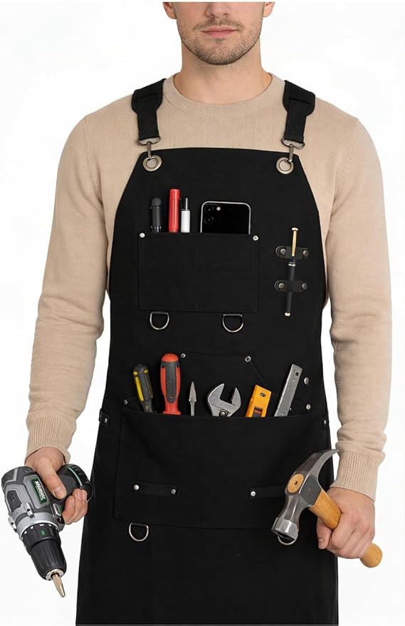 Heavy Duty Canvas Tool Aprons for Men: 6-Pocket, with Quick-Release Buckle, Ergonomic X-Cross Back, Adjustable Waist 28"–71", Mechanics Apron for Men, Ideal for Woodworking, Workshop, DIY & Carpentry