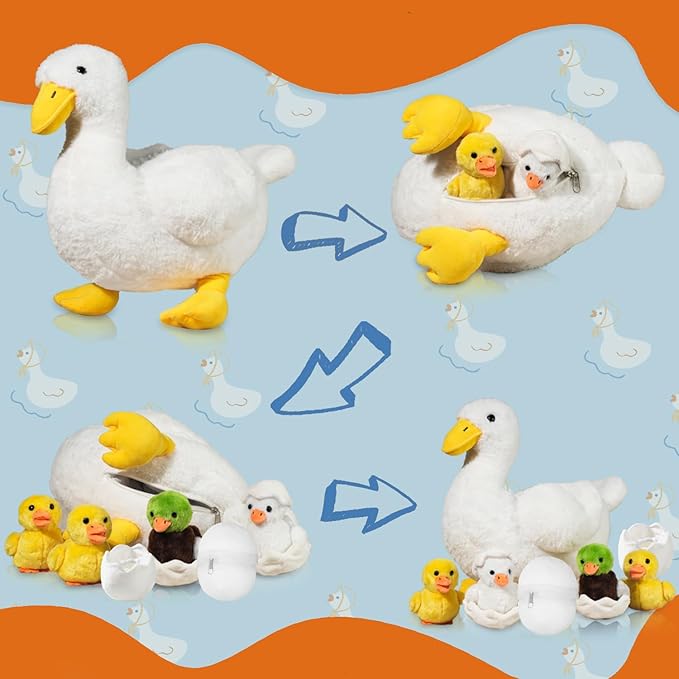 7 in 1 Duck Stuffed Animal Plush Duck Toys for Kids Toddler, 12" Mommy White Stuffed Duck Plush Toy with 4 Baby Ducks Ducklings Eggs Duck Plushie Pillow for Birthday Easter Stuffers Gifts Farm Party