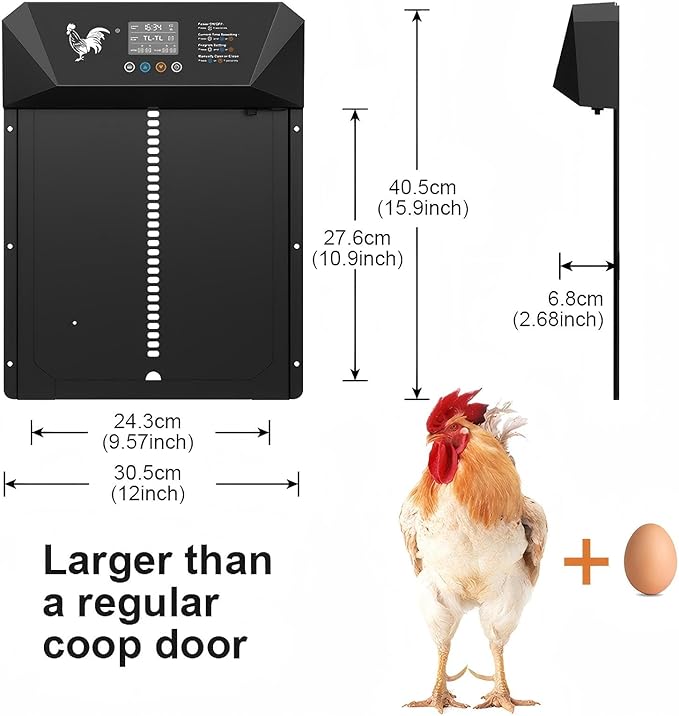 Large Size Automatic Chicken Coop Door Solar Powered,15.9"H x 12"L x 2.68"W,Aluminum Alloy Chicken Door with LCD Display,Timer & Light Sensor,4 Control Modes,Anti-Pinch Coop Door with Remote Control