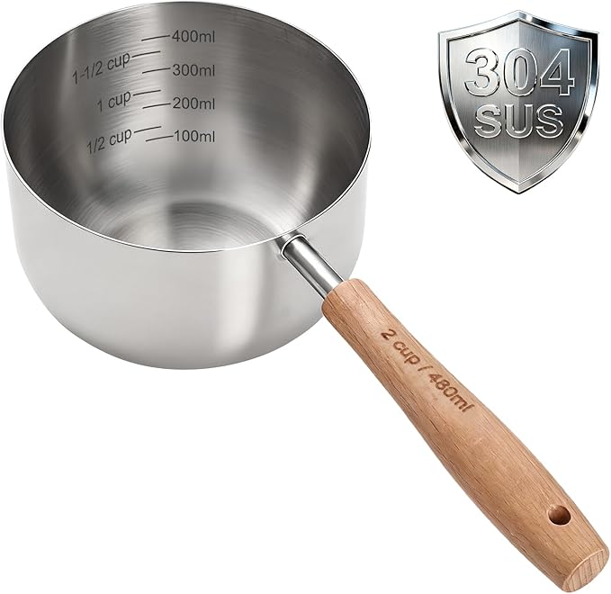 1PCS 2Cup(480ml | 16oz) Dog Cat Food Scoop, 18/8(304) Stainless Steel Measuring Cup with Wooden Handle, Etched Measurements Inside, BPA Free Portion Control for Pets & Kitchen Use