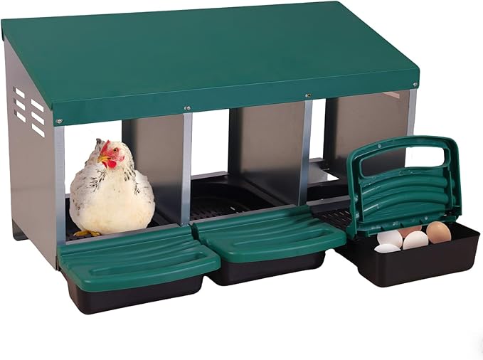GUTINNEEN Chicken Nesting Box, 3 Compartment Metal Nesting Boxes with Roll-Away Egg System for Hens, Ducks & Rabbits, Technical Design for Efficient Egg Collection, Green