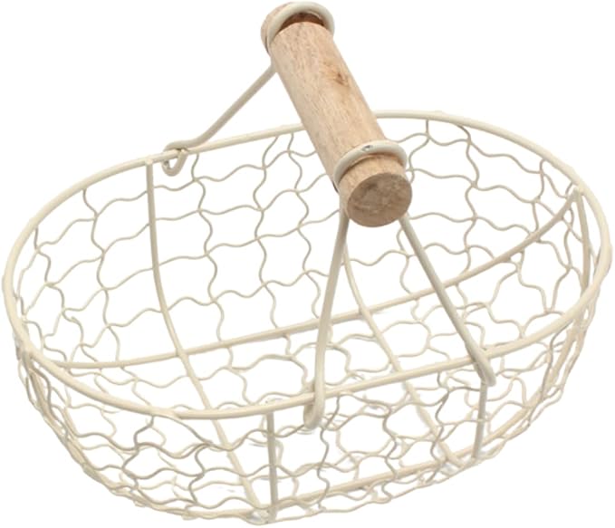 Metal Wire Basket with Wooden Handles Farmhouse Chicken Egg Storage Basket Vintage Country Style Metal Fruit Baskets Gathering Bin Container for Home Kitchen Wedding(Off-white)