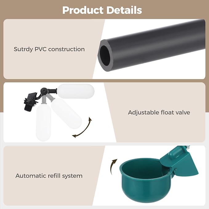 Complete Automatic Chicken Waterer System Kit, Includes 9 Chicken Water Cups, PVC Pipe, T-Joints, Float Valve, Poultry Watering, DIY Chicken Water Feeder for Broiler, Duck, Goose, Farm Birds