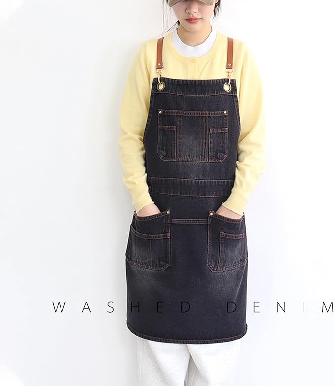 Denim Work Apron Adjustable Cross Back Gardening Aprons Multiple Pockets Men Women Restaurants, Cafes, BBQ