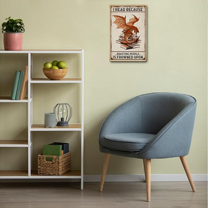 Bookish Gifts Dragon Gifts, I Read Because Roasting People Is Frowned Upon Aluminium Plate Signs, Vintage Book Decor for Cafe Bedroom Library Bookshelf, Funny Dragon Wall Art Decorations Metal Signs