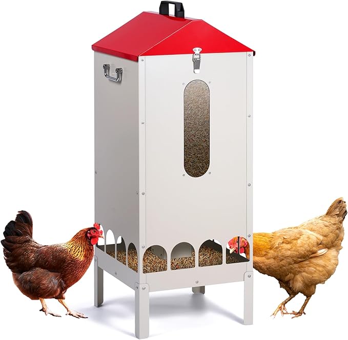 70-85lbs Automatic Chicken Feeder No Waste Gravity Poultry Feeder with 16 Ports and Visible Feed-Level, Chicken Food Dispenser for Duck, Goose, Turkey