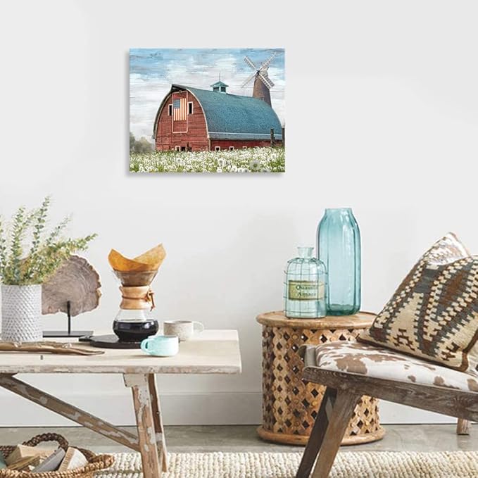 Woxfcart Rustic Red Barn Canvas Wall Art, Farmhouse Artwork with American Flag and Windmill Pictures for Bathroom Bedroom Wall Decoration, 15 x 12 Inch