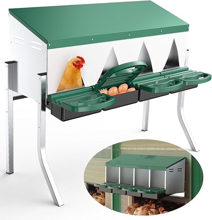 Chicken Nesting Boxes for Laying Eggs - 4 Compartment Roll Away Nesting Box for Chickens Coop with Adjustable Legs,Chicken Perch ＆ Roll Out Egg Tray,Curtains and 4 Fake Eggs Help Hen for Laying Eggs