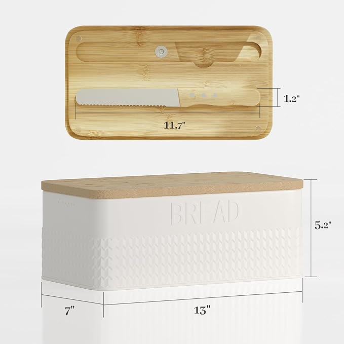 Bread Box for Kitchen Countertop - Metal Bread Storage with Bamboo Cutting Board Lid & Bread Knife, Corner Bread Container for Homemade Bread and Toast, White