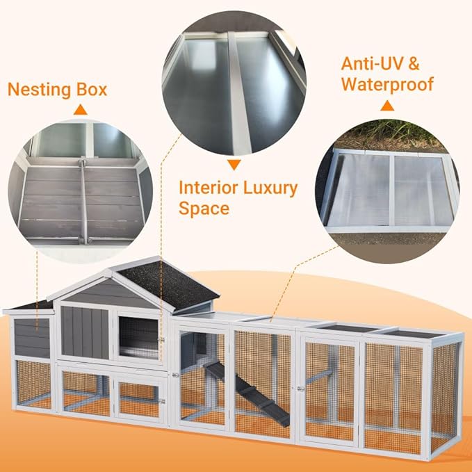 Large Wooden Chicken Coop for Outdoor Use with Run, Waterproof Roof, Anti-UV Protection, Removable Tray, and Nesting Box for 2-4 Hens (Gray + Wood)