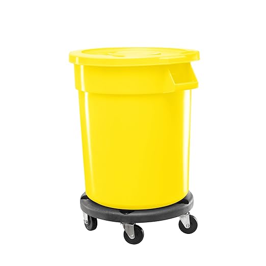 Feed and Seed Storage Container, 55 Gallon Yellow Round Commercial Trash Can with Lid and Dolly, Food Storage Plastic Bin, Use in Agricultural, Gardening, or Household