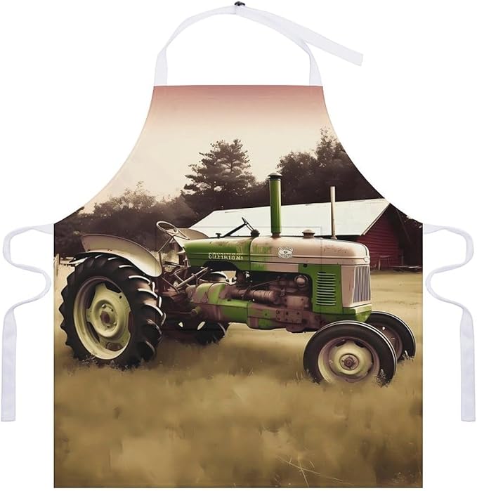 Old Tractor Photo Farm Chef Apron for Men Women with 2 Pockets Water & Oil Resistant Bib Aprons Adjustable Neck Strap & Long Ties Work Apron for Cooking Grilling Serving Crafts Gardening