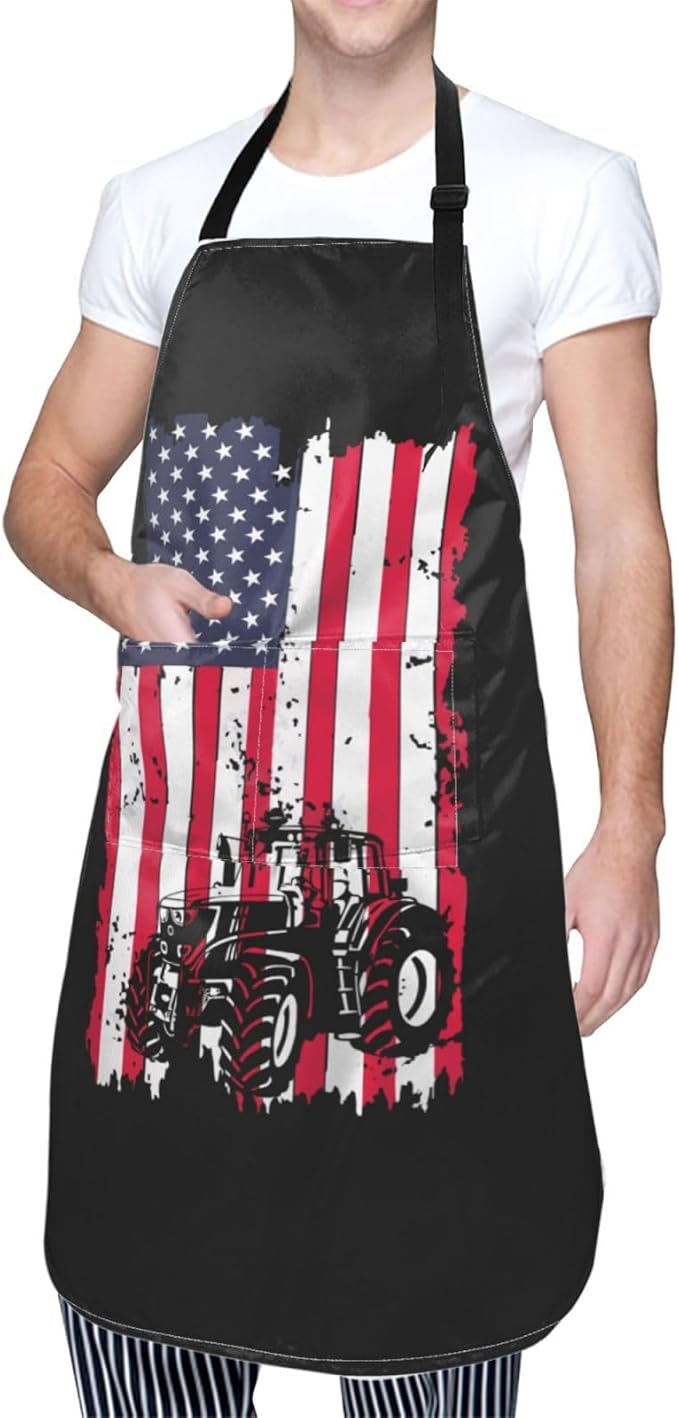 Distressed Flag Tractor Aprons With Pockets Men Women Waterproof Adjustable Bib Apron Kitchen Gardening Salon Aprons For Cooking