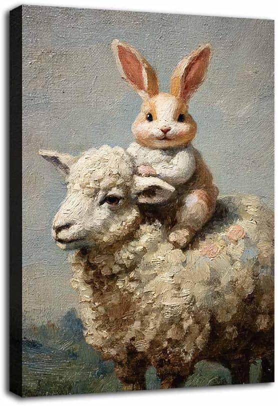 MNFGMH Easter Art Spring Bunny and Sheep Easter Canvas Prints Farmhouse Rabbit Pictures Artwork Modern Home Decor Gift Wooden Frame 16x24 inch