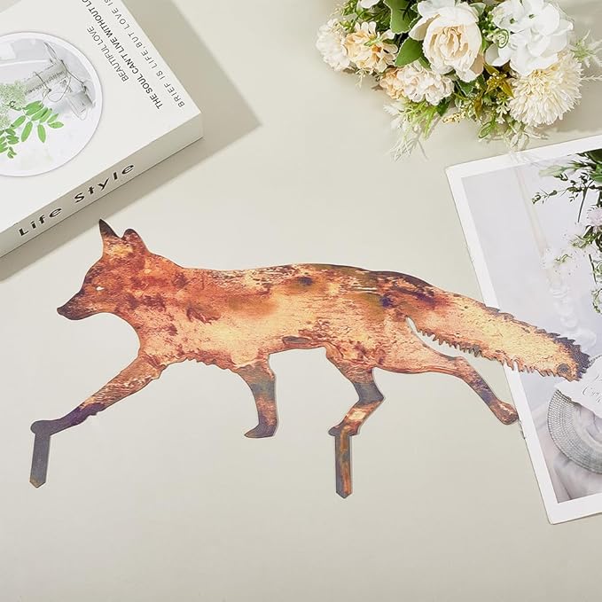 CREATCABIN Rustic Metal Fox Garden Decoration Animal Garden Statues Stakes Outdoor Rusty Fox Sculptures Figures for Patio Lawn Yard Backyard Art Decoration Housewarming Chocolate Color 6.1 x 12 inch