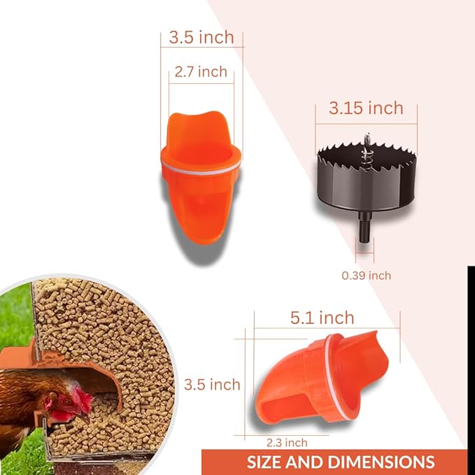 Durable Chicken Feeder Rain Proof Poultry Feeder Port Gravity Feed Kit for Buckets, Barrels, Bins, Troughs, Easy Clean - 6 Pack with Hole Saw for Easy Installation