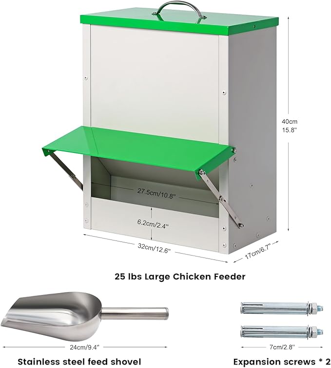 25lb Automatic Chicken Feeders Metal Poultry Feeder no Waste Large Chicken Coop Feeders with Lid Hanging Chicken Feeder Trough for Quail Chickens Ducks Feeder Outside Waterproof Chicken Feeder