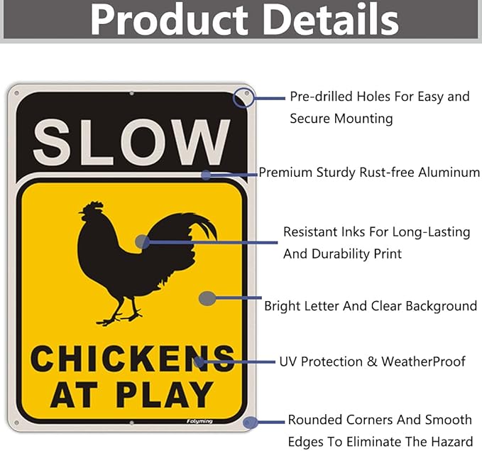 2 Pack Slow Chickens at Play Sign Chicken Crossing Sign 14 x 10 Inches Chicken Coop Signs for Farm Metal Reflective Rust Aluminum Weatherproof UV Protected Easy Mount Indoor Outdoor Use