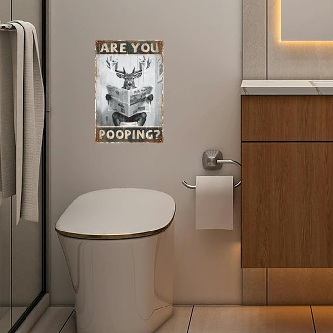 WADORN Funny Deer Vintage Metal Tin Sign, 8x12 Inch Are You Pooping Deer Retro Tin Sign Black and White Bathroom Wall Art Decor Plaque Gift for Home Bathroom Toilet Restroom Shower Room Washroom