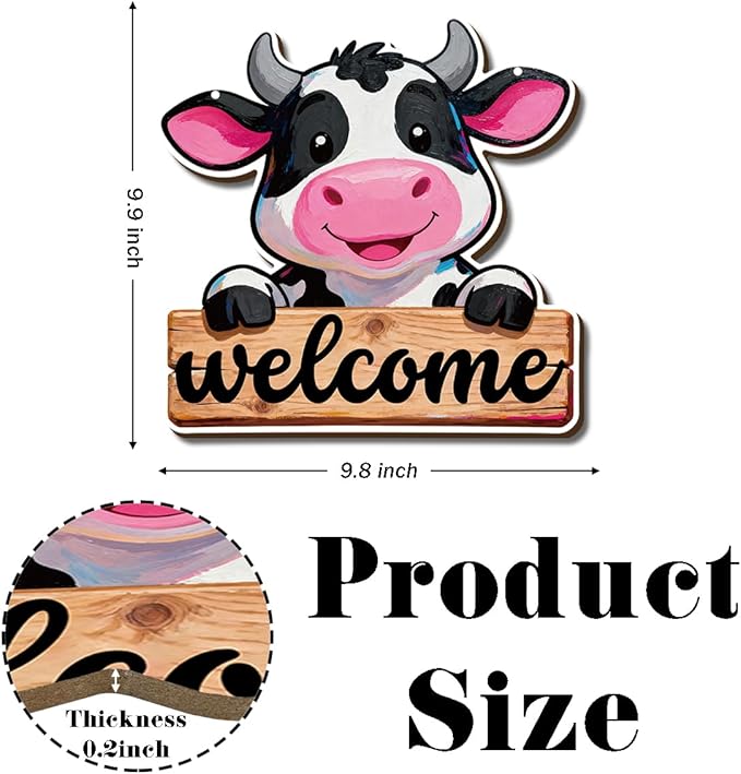 Farmhouse Wall Decor, Cute Cow Welcome Sign, Cartoon Oil Painting Style Wood Hanging Plaque, Rustic Country Wall Art for Kids Room Nursery Kitchen or Barnwood Entryway, 9.9x9.8 Inches