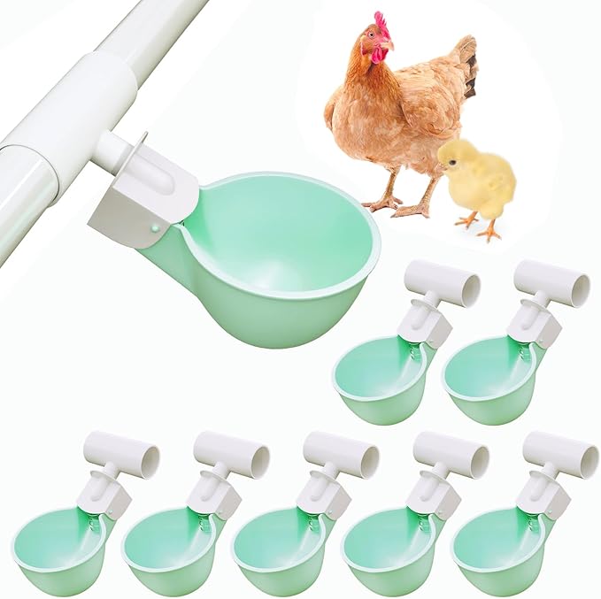 8PC Chicken Water Cups with PVC Tee Fittings for 1/2" Pipe, Automatic Chicken Watering System, Anti-Leak, Holds 50% More Water, Suitable for Chicks, Chicken, Duck, Quail, Birds, Turkey
