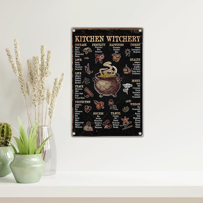 Kitchen Witchery Herbs Meaning Chart Metal Sign Witchcraft Cauldron Illustration Home Witch Decor Spiritual Rustic Wall Decoration 8 x 12 Inch Outdoor Indoor Aluminum