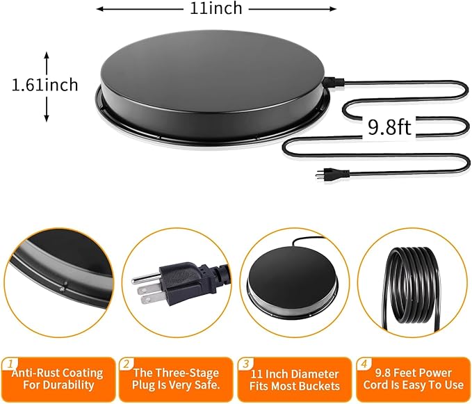 Chicken Water Heater for Winter, 110Watt Thermostat Heated Poultry Waterer Base with 9.8ft Power Cord,Suitable for Plastic/Metal Poultry Waterer(Black, 11INCH-1PACK)