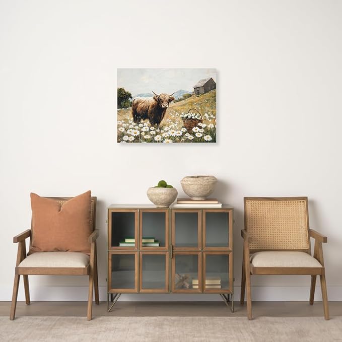 Yidepot Highland Cow Canvas Wall Art: White Flowers Farmhouse Artwork, Cow Pictures Bedroom Decor Ready to Hang 24x32inch