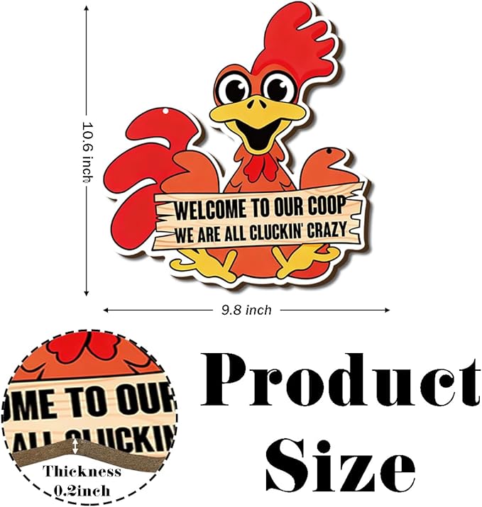 Farmhouse Chicken Coop Decor, Welcome to Our Coop Funny Rooster Sign, Cartoon Painting Style Wood Hanging Plaque, Rustic Farmhouse Wall Art for Porch Patio Barn or Chicken House, 11x10 Inches