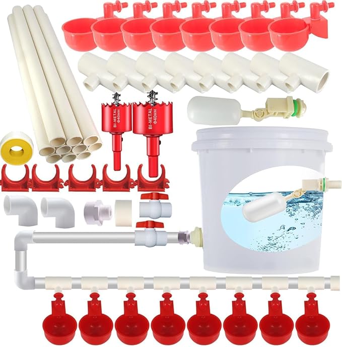 Complete Set Pipeline Automatic Chicken Waterer System, DIY Chicken Water Feeder with 9 Chicken Water Cups,1/2" PVC Tee Fittings & Pipe,Brass Pipe Fittings, Ball Valves, Poultry Waterer